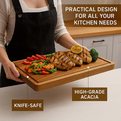 Acacia Wood Cutting Board Set of 3 | Non-Toxic Cutting Boards with Wooden Holder, Non-Slip Silicone Pads, Deep Juice Grooves & Handles | Ideal for Meat, Veggies & Charcuterie – Elegant Kitchen Gift