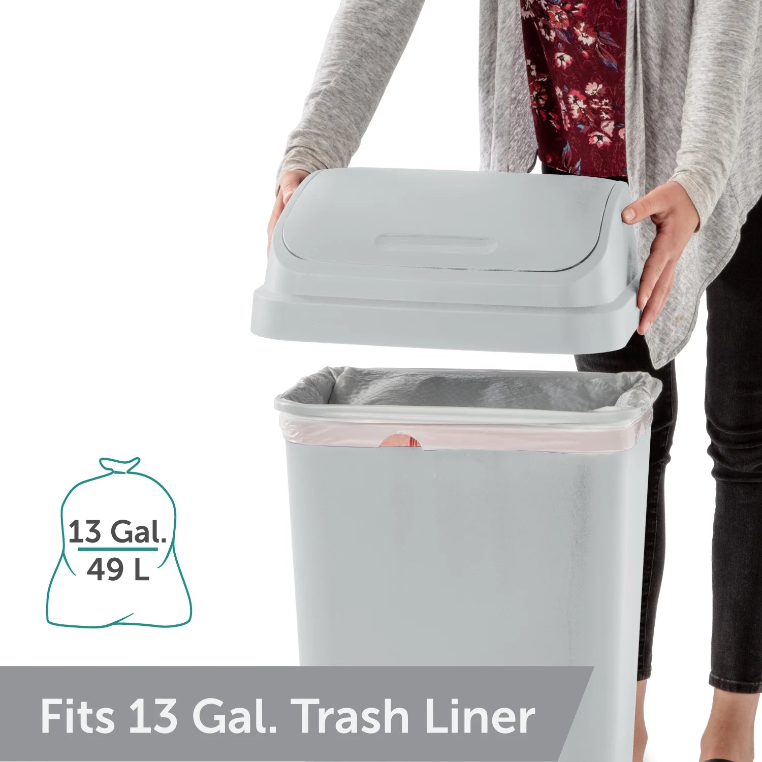Kitchen Trash Can, 13 Gallon Plastic Garbage Bin with Swing Top Lid, Light Gray