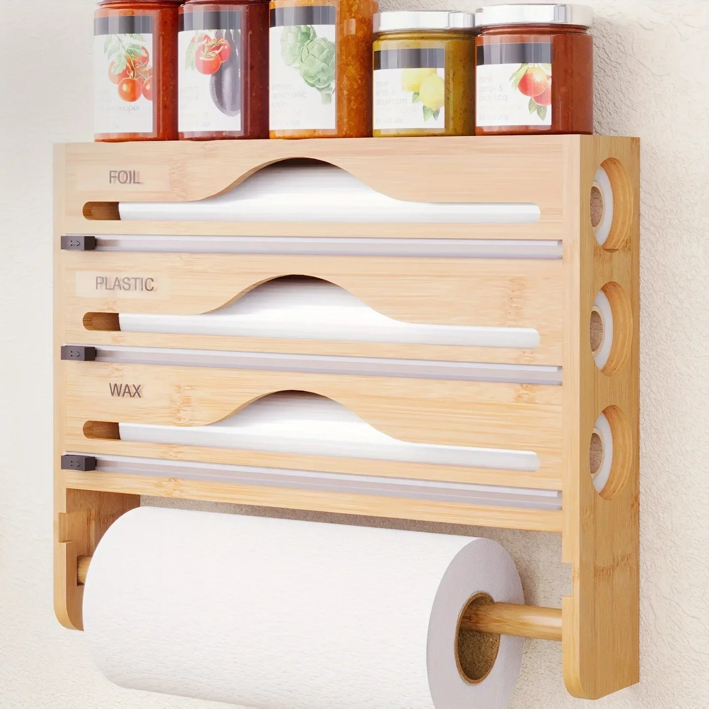 Bamboo Compartment Cling Film Tin Foil Cutter Box with Kitchen Paper Wall Mounted Paper Towel Kitchen Organizer Accessories