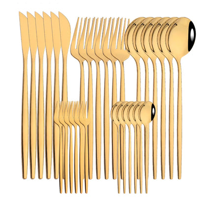 30Pcs/Set Stainless Steel Dinner Black Gold Dinnerware Set Knife Fruit Fork Spoon Cutlery Set Kitchen Tableware Silverware Sets